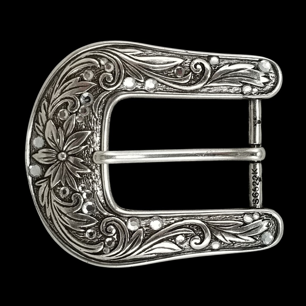 Vintage Pin Belt Buckle Western Floral Silver Rhinestone Engraved Horseshoe